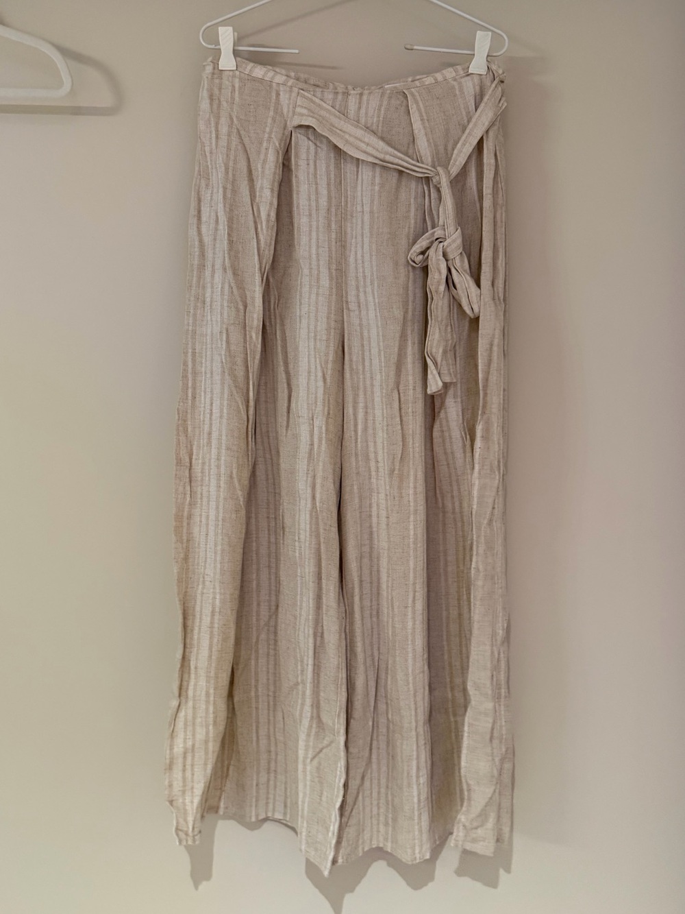All in Favor Beige Striped Wide-Leg Tie-Waist Pants